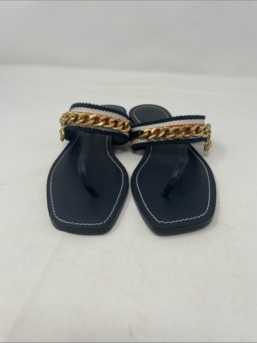 Tory Burch Navy Gold Chain Strap Thong Sandals Size 6 Excellent Condition